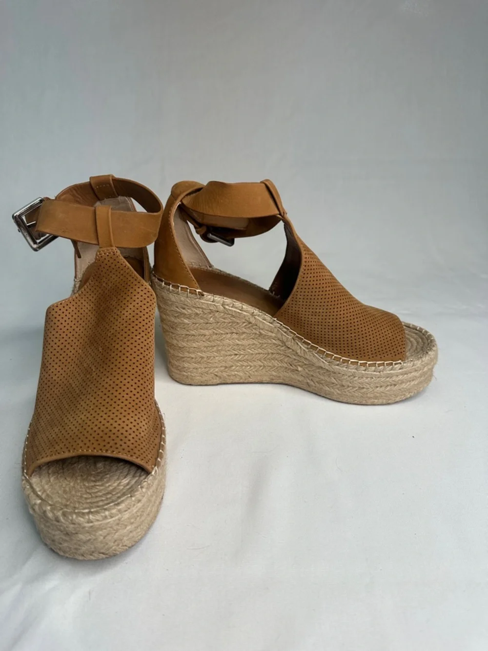 Marc Fisher Tan Perforated Leather Espadrille Wedge Sandals